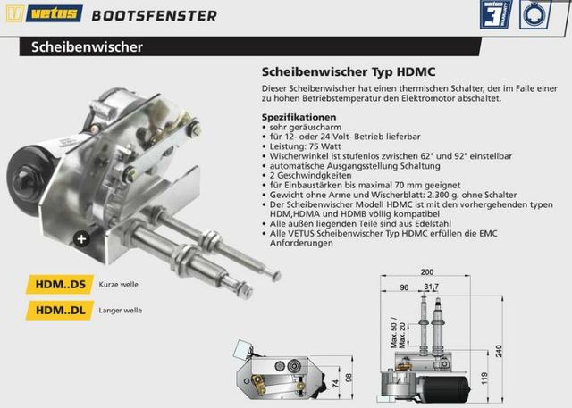 Vetus Wischermotor HDM12DL lange Welle