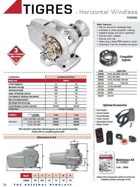 Ankerwinde Tigres 12V/1500W mit Tauspill