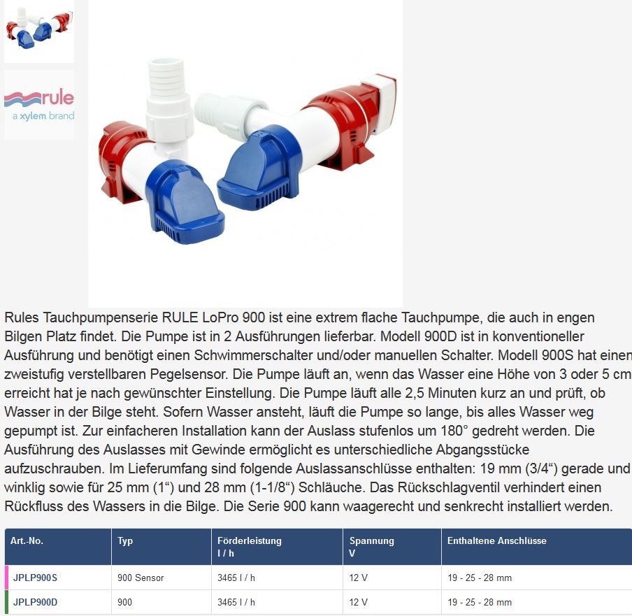 Rule 900D LoPro Bilgepumpe 12V 3465Ltr/h - zum Schließen ins Bild klicken