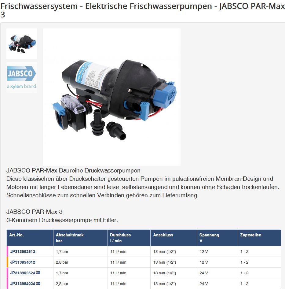 Jabsco Par Max3 24V 31395-2524 Frischwas