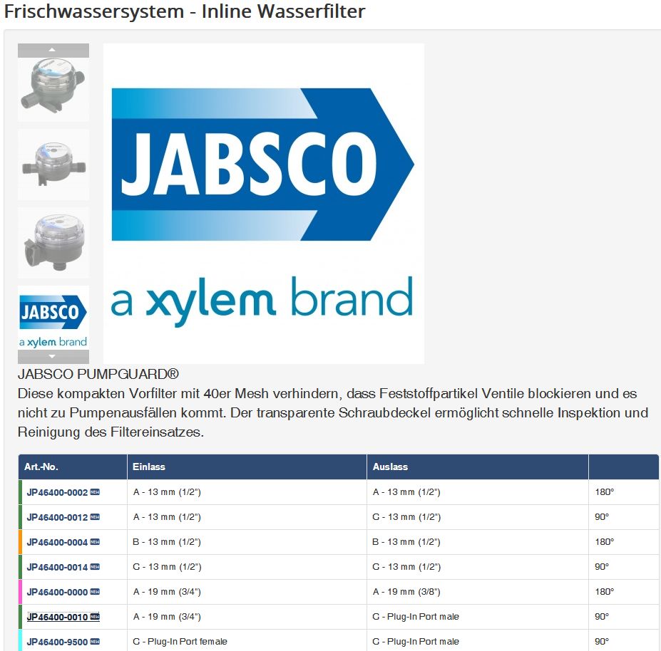Jabsco Wasserfilter 46400-0010 19mm/dire