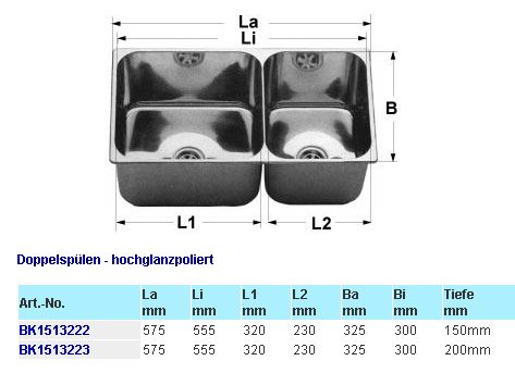 Spülbecken 2fach 575x325mm niro 20mm tie