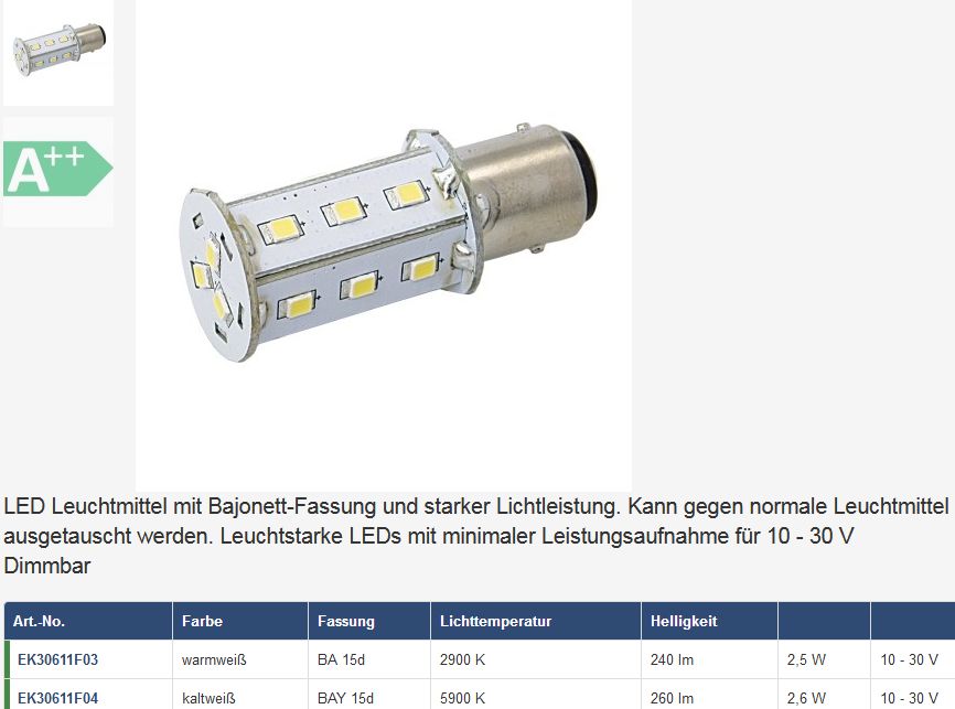 LED-Lampe 10-30V 2,6W warmweiß Ba15d