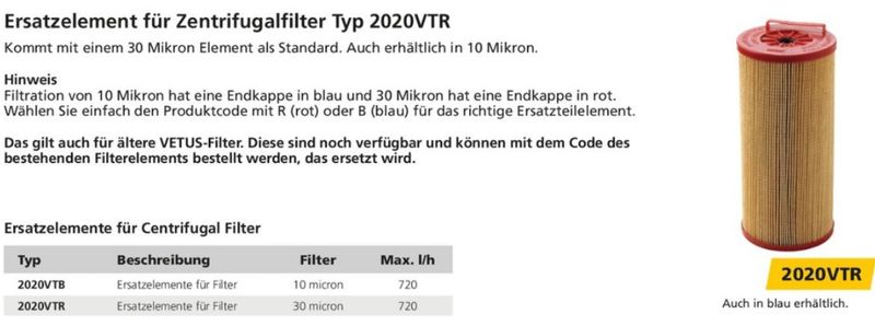 Vetus Ersatzfilter 2020VTB 10micron blau