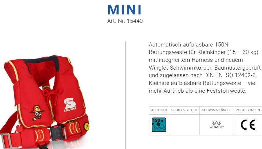 Secumar Kinder MINI 90N 15-30kg rot/gelb