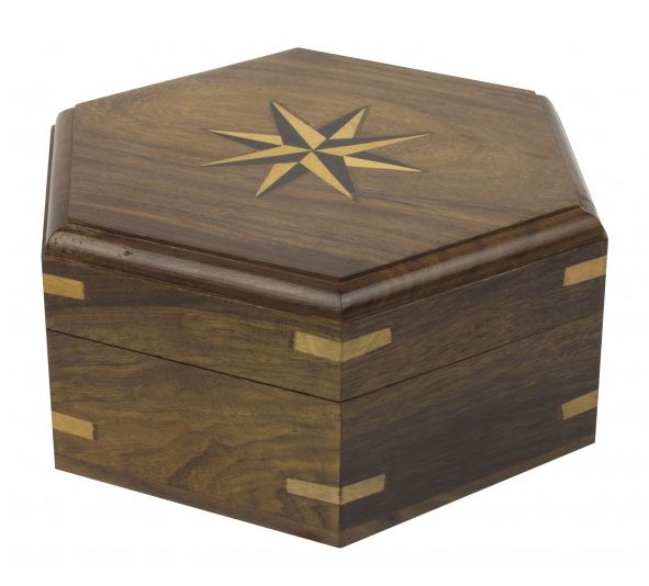 Holzbox sechseckig 14cm Kompassrose