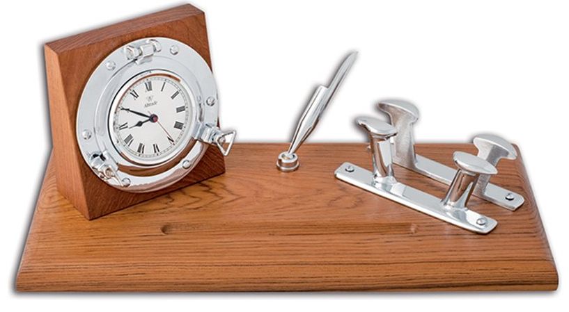 Schreibtisch Set mit Uhr chrom auf Teak - zum Schließen ins Bild klicken