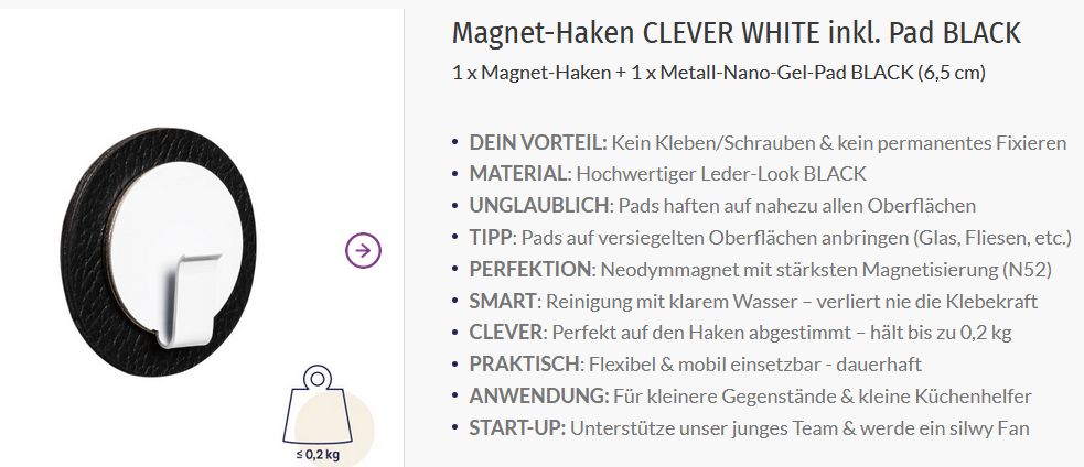 Silwy Magnet-Haken Clever weiß Pad schwa