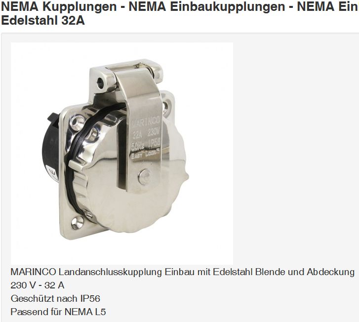 Marinco NEMA L5 Einbaukupplung 32A niro