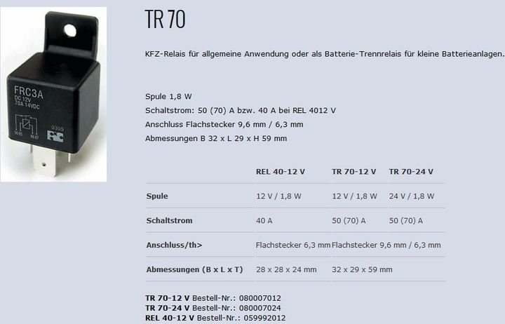 Batterie Trennrelais TR70-12V
