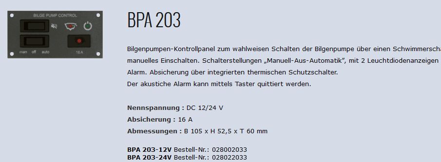 STV 203 BPA-24V Bilgenpumpenautomatik
