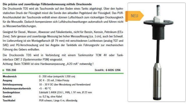 Tankgeber TDS200 f Diesel/Wasser/Abwasse - zum Schließen ins Bild klicken