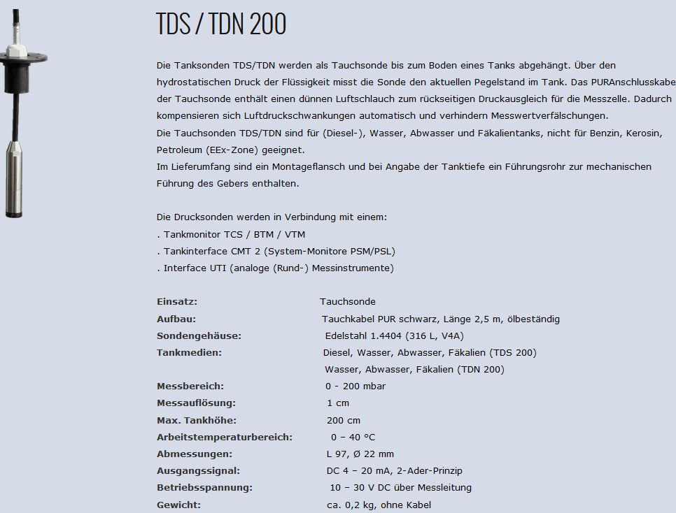 Tankgeber TDN200 NUR für Wasser