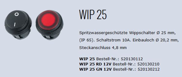 Wippschalter Wip 25mm 10A IP65
