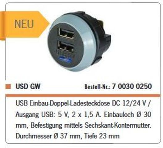 USB Einbau-2fach Ladesteckdose USD GW