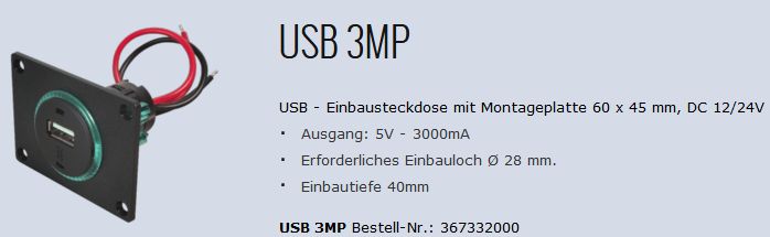 USB 1x5V 3A Steckdose USB3-MP 12/24V PlA