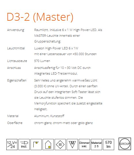 LED D3-2 Master dm90mm chrom 6x1W wweiß