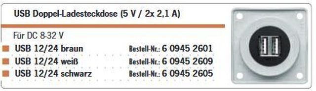 USB 2fach Steckdose braun 8-32V 2x2,1A