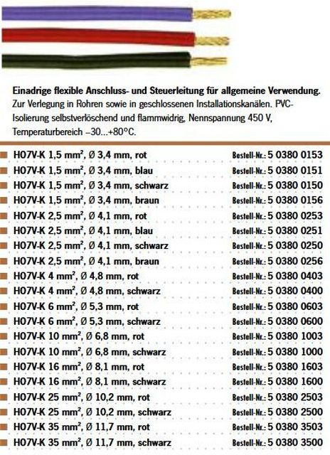 Kabel HO7V-K 10mm² rot Bund 100m