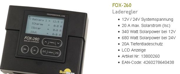 FOX-260 LCD Laderegler 20A 12/24V über/t