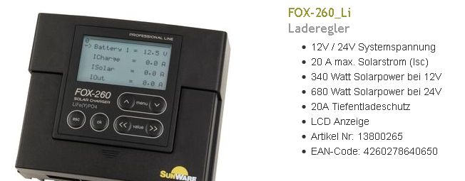 FOX-260Li LCD Laderegler 20A 12/24V über