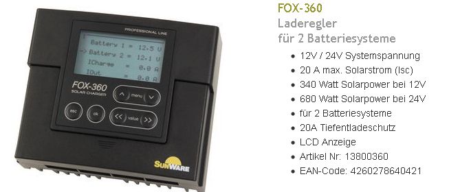 FOX-360 LCD Laderegler 20A 12/24V 2Batte
